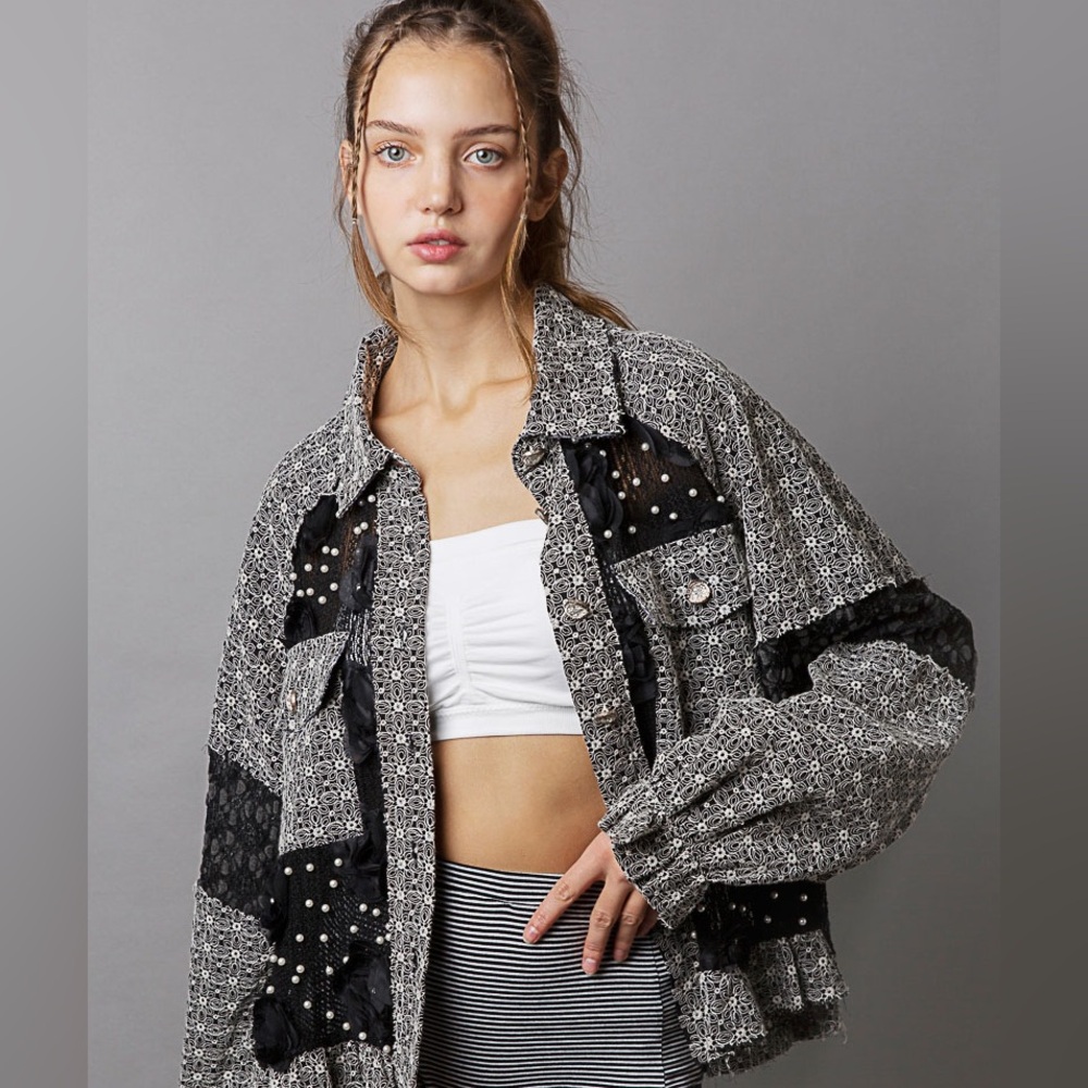 80. POL Shacket Jacket Top Women's Gray Lace Woven Balloon Sleeve Front Pockets - Picture 3 of 5